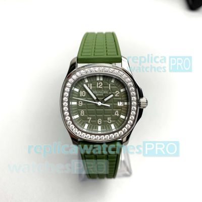 PPF Swiss Clone Patek Philippe Aquanaut 35.6mm Green Rubber Strap Diamond Quartz Ladies Watch 